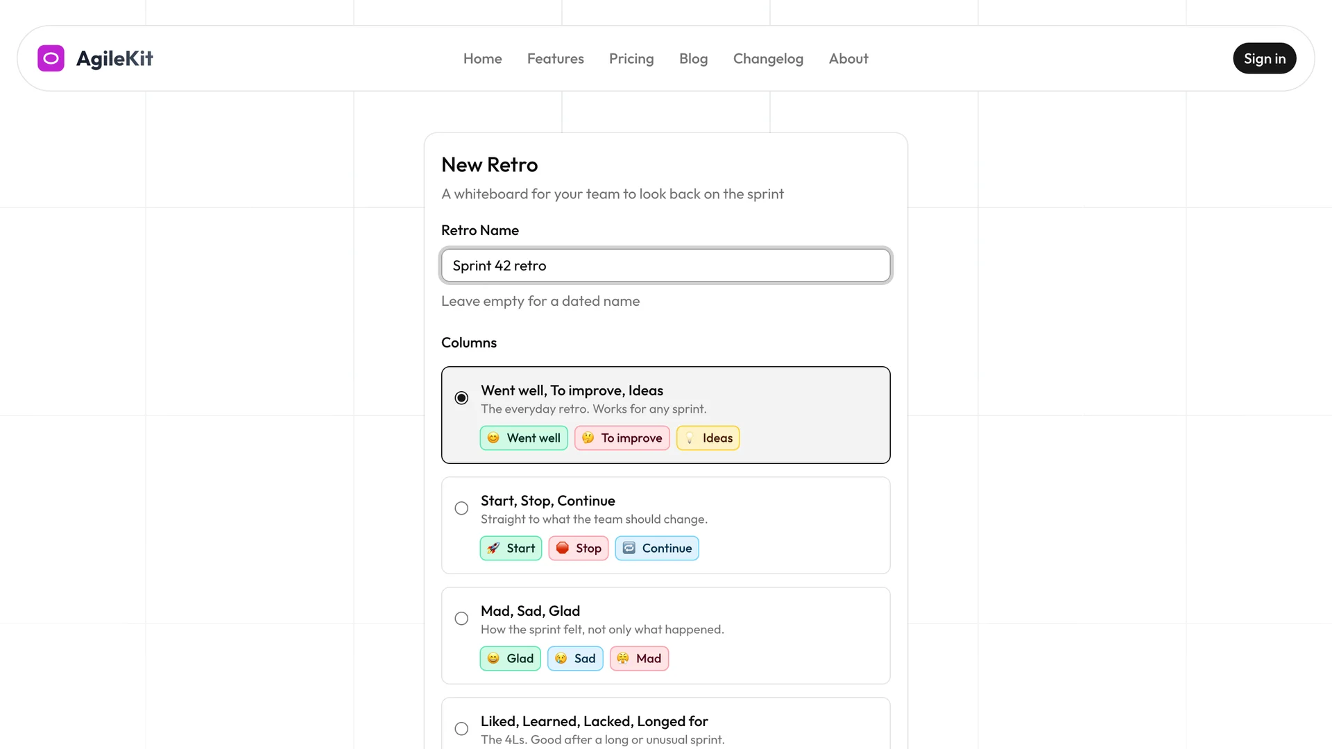 The New Retro page with a name field and the templates